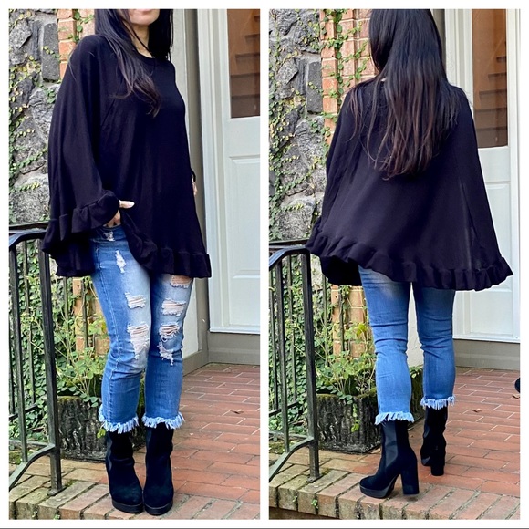 Holiday perfect black soft knit ruffle hem poncho - Picture 2 of 9